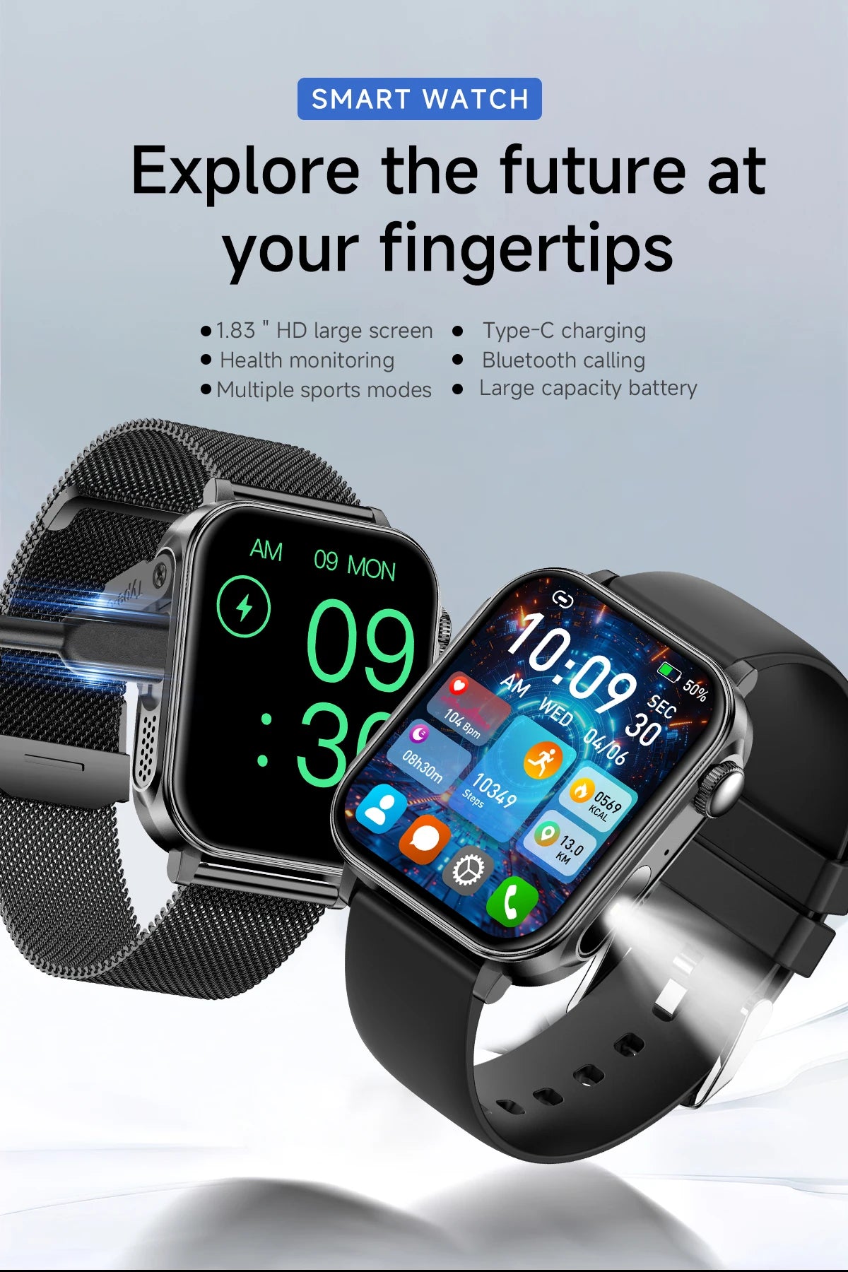 2025 New Smart Watch Men Women Type-C Charging Heart Rate LED Flashlight Bluetooth Call IP68 Waterproof SmartWatch for Android