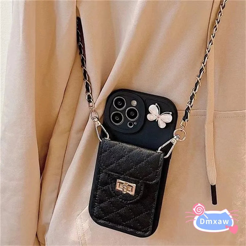 For Samsung Galaxy S23 S22 S21 Plus Ultra FE M32 F22 M31 Prime F41 F23 M23 F62 M62 Wallet Butterfly Case + Braided Long Lanyard