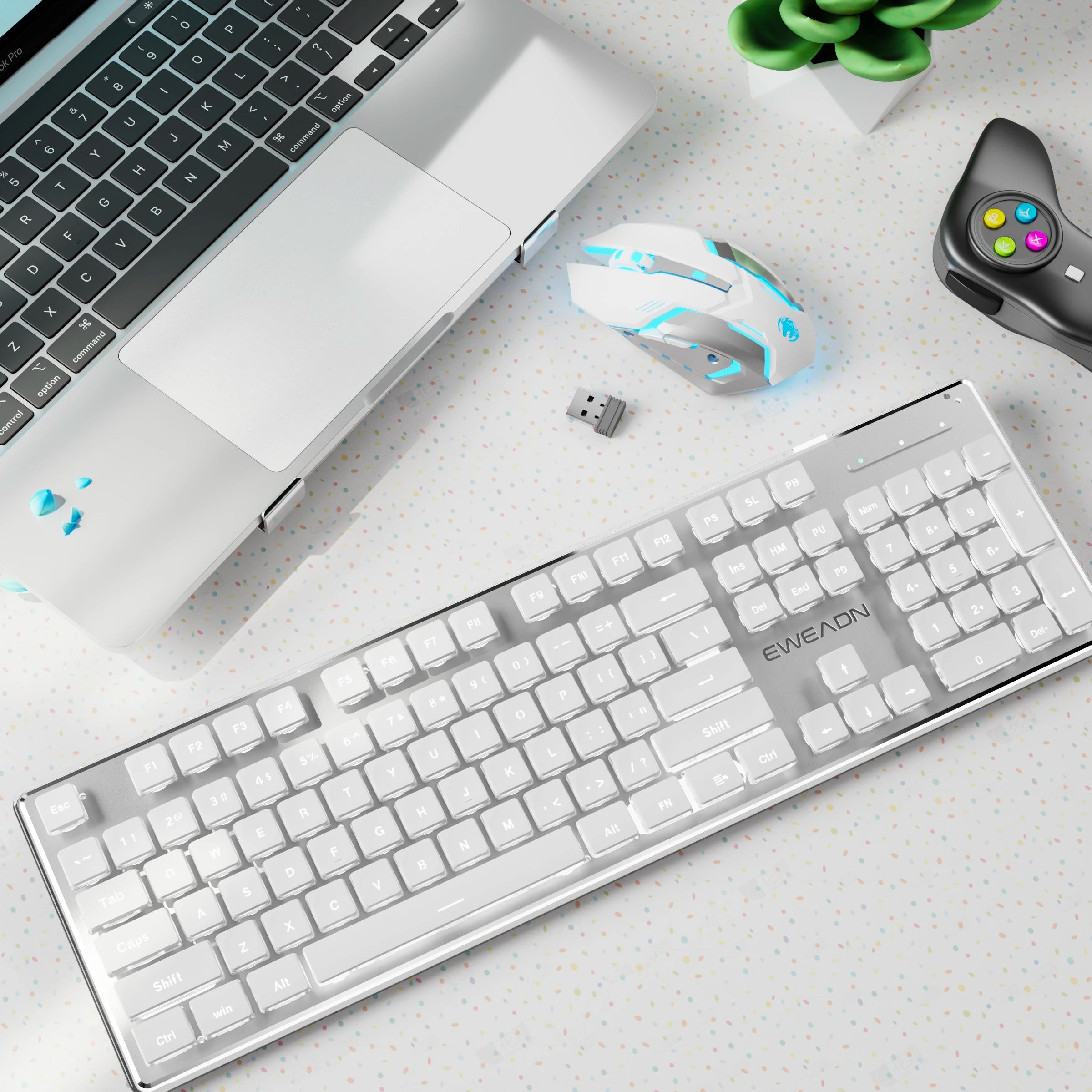 EWEADN Bluetooth Dual-Mode 2.4GHz Wireless Keyboard and Mouse Set, Ergonomic, Silent, Backlit, Gaming & Office, Green/Pink/White