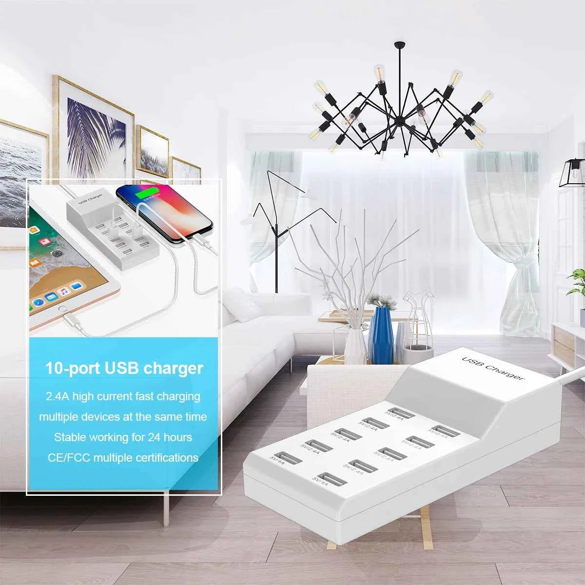 10 Ports 50W USB Charging Station QC2.0 Smart Multi USB Charger 2.4A US EU UK Plug Desktop Charger for Smartphone Tablet