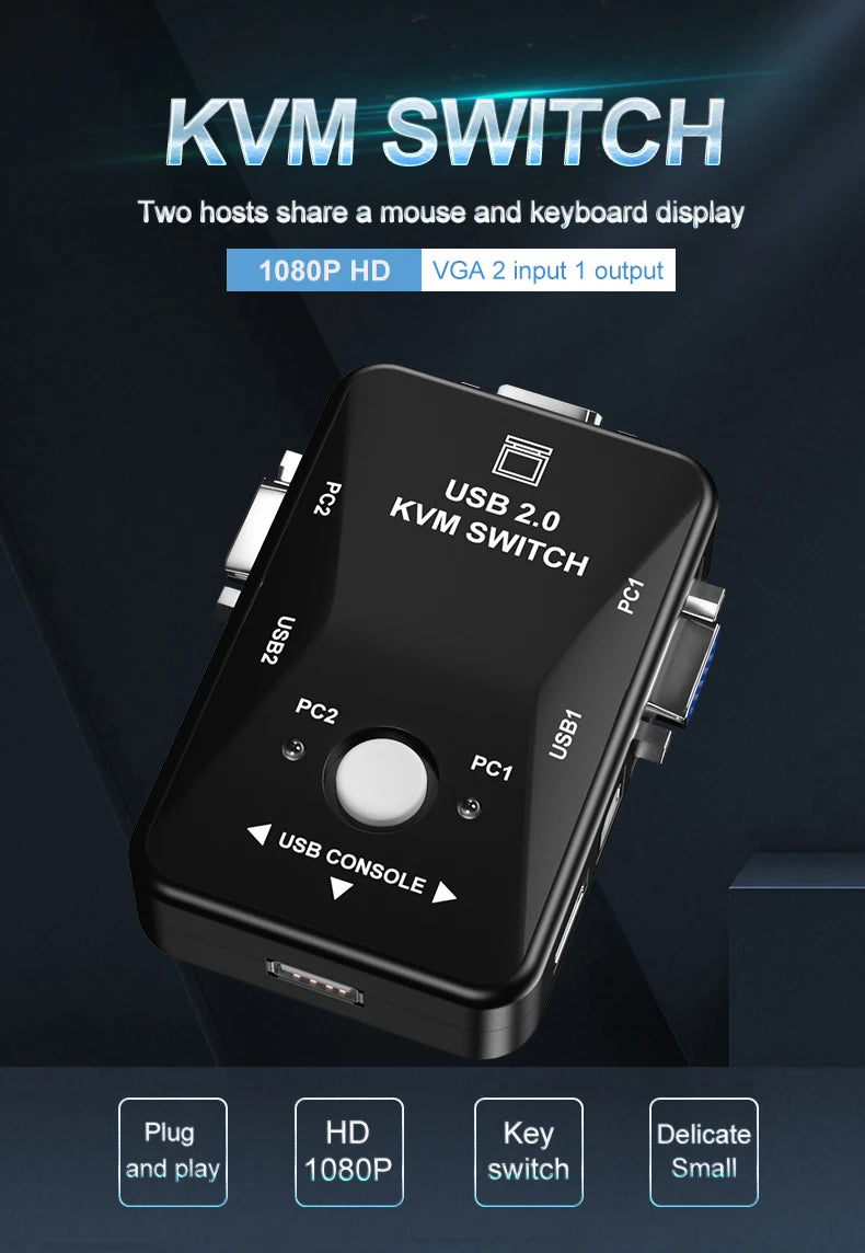 Newest USB KVM Switch Switcher 2 Port VGA SVGA Switch Box USB 2.0 Mouse Keyboard 1920*1440 Professional Video Switch Hot Sale