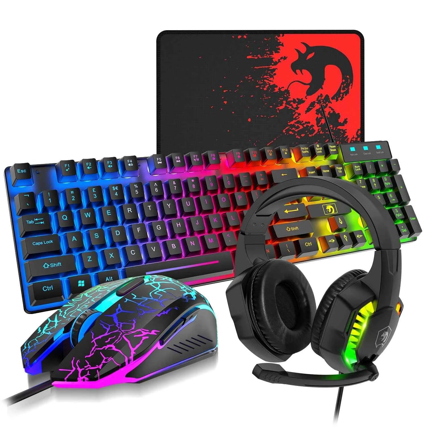 MANBASNAKE T11 Gaming Combo: Wired Keyboard, Mouse, and Rainbow LED Backlit Headset