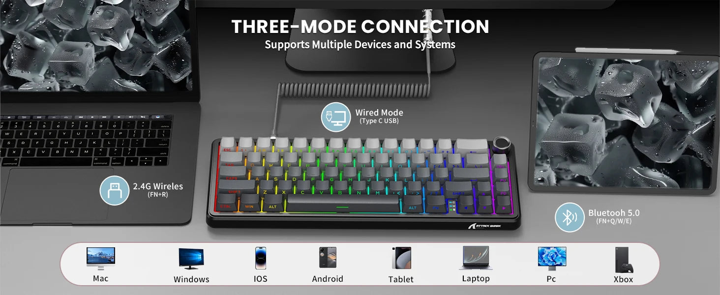 ATTACK SHARK X66 60% Wireless Mechanical Gaming Keyboard with Knob,3-Mode Gasket Hot Swappable Custom Keyboard with Coiled Cable