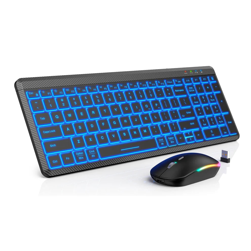 JOMAA Colors Backlit 2.4G Wireless Keyboard and Mouse Combo Rechargeable Multi-Device Bluetooth Keyboard with Number Pad