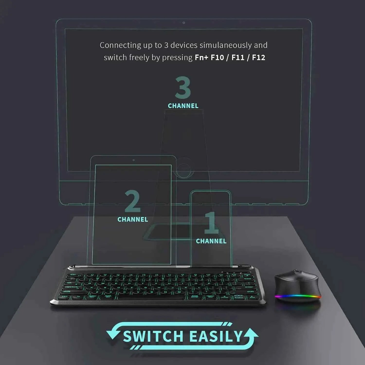 RGB Blacklit Bluetooth Wireless Keyboard and Mouse Combo for Mac OS iPad iPad Air iPad Pro Tablet Android Mobile Phone Laptop PC