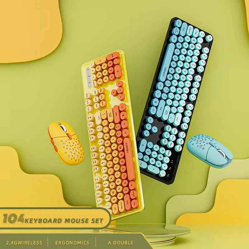 104 Keys 2.4G Wireless Gaming Keyboard and Mouse Combo,Cute Retro Round Keycap Ergonomic Keyboard,With Multimedia function keys