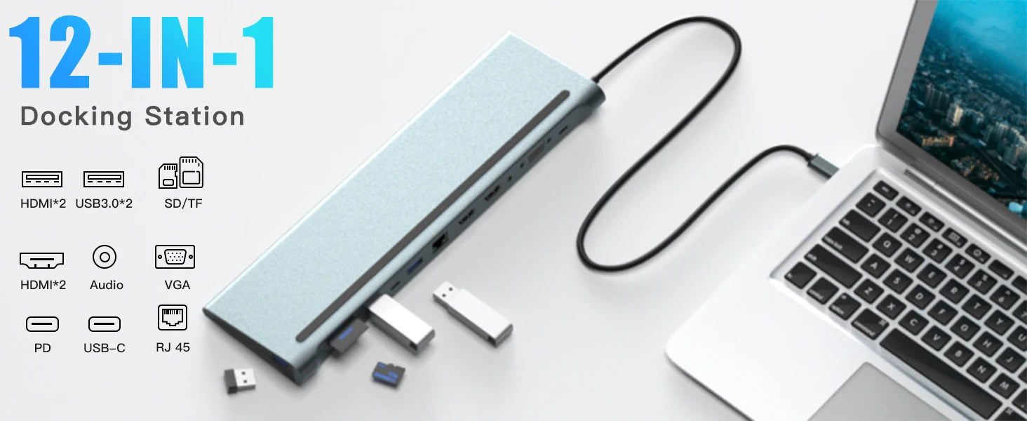 12 in 1 MST USB C Docking Station with USB Ports Dual 4K HDTV VGA 3.5 Audio PD 100W SD TF Ethernet Laptop for MacBook Dell XPS