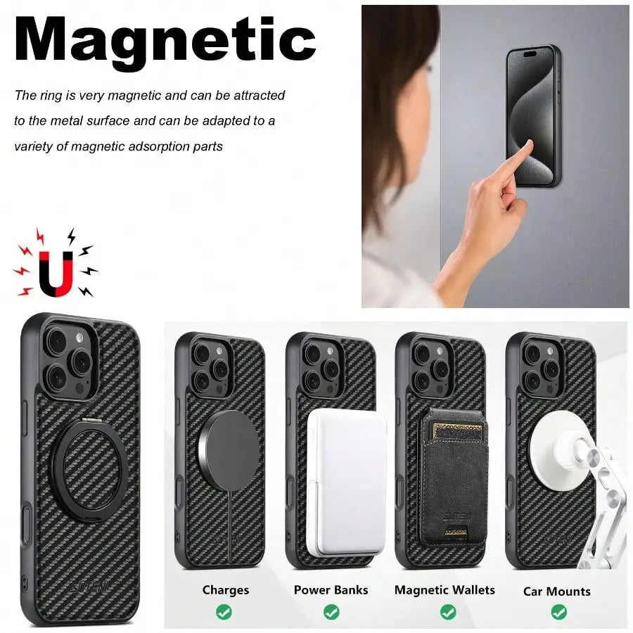 Carbon Fiber 360° Rotating Magnetic Phone Case Compatible with iPhone 17, Air, 16, 15, 14, 13 Pro Max, and Plus models