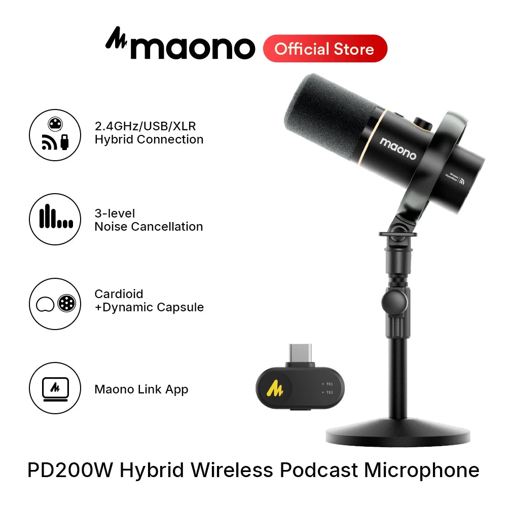 maono PD200W Hybrid Wireless Podcast Mic for PC/Phone/Camera XLR/USB Dynamic Microphone for Streaming Recording Content Creation