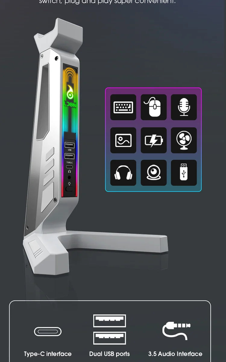 RGB Gaming Headset Stand with Sound-Activated Lights, 11 Modes LED USB Charging Dock, Headphone Holder for PC Gamer