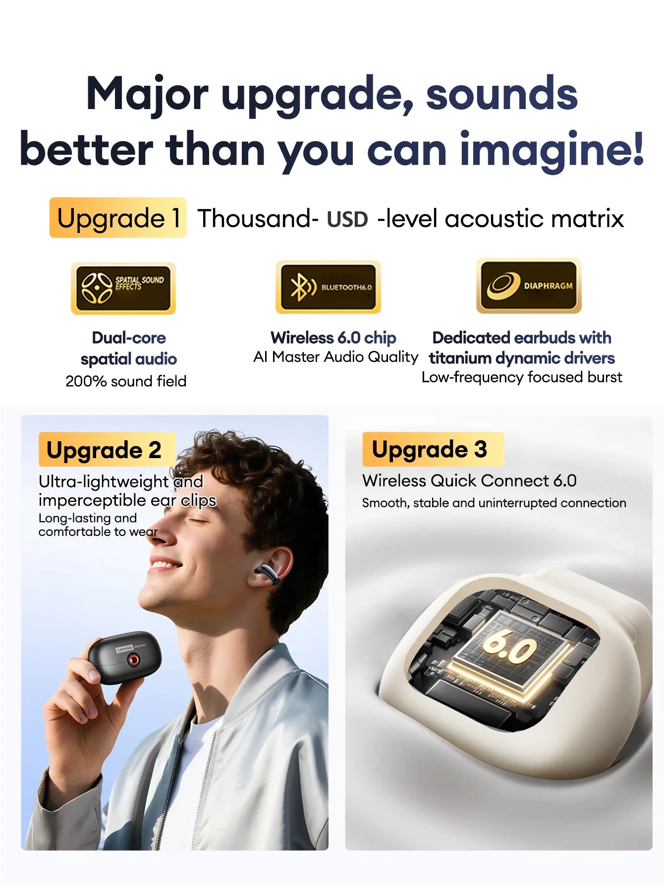 Lenovo LES-108 Bone Conduction TWS Ear Clips Earphones Wireless Bluetooth V6.0 Earbuds Sports Headphones Al Call Noise Reduction