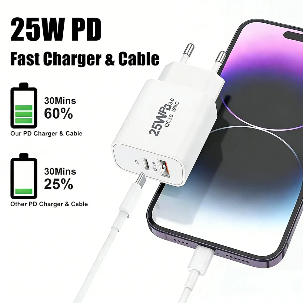 25W PD USB C Multi-Port Fast Charger For iPhone 11 12 13 Mini 14 Pro Max X XR XS Max 7 8 Plus Quick Charging PD Cable 1m 1.5m 2m