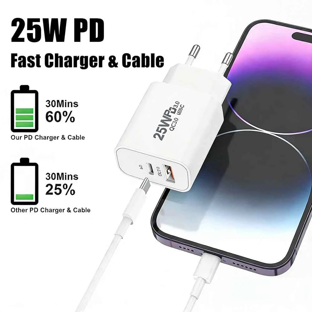 25W PD USB C Multi-Port Fast Charger For iPhone 11 12 13 Mini 14 Pro Max X XR XS Max 7 8 Plus Quick Charging PD Cable 1m 1.5m 2m