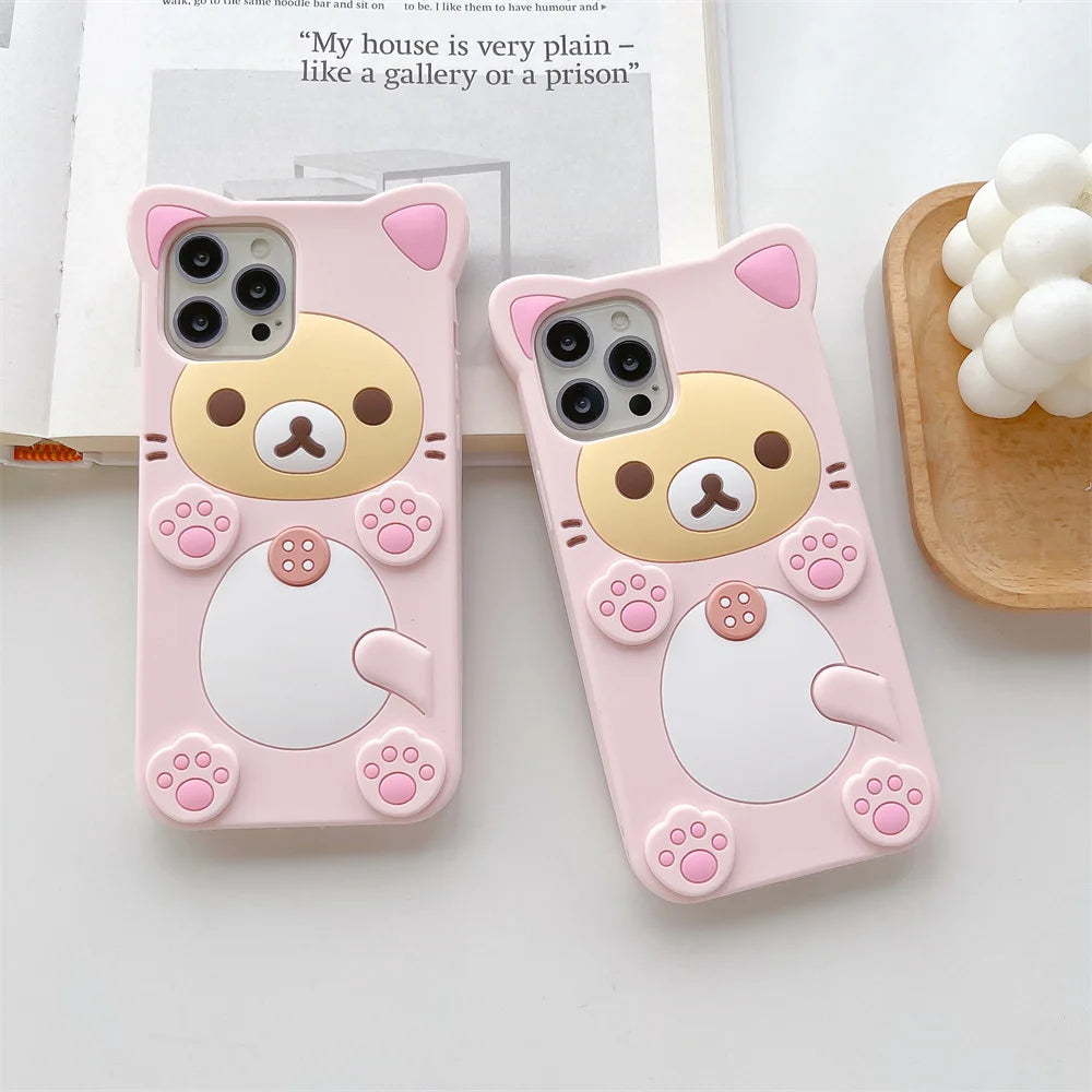 Cute Cartoon 3D Rilakkuma Phone Case For iPhone 17 16 15 14 13 12 11 Pro X XS Max XR 6 7 8 Plus 5 5S SE Key Chain Pendant Cover