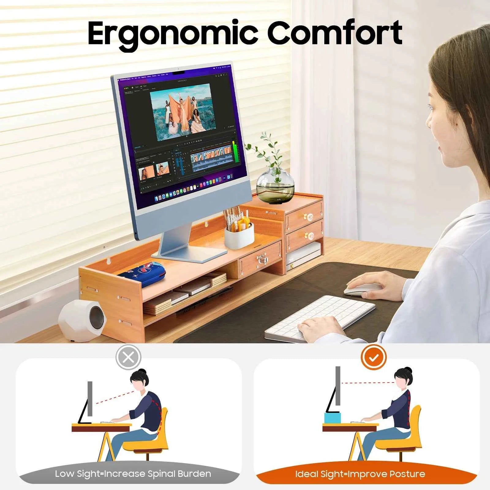 Computer Monitor Stand with Drawers & Keys & Phone Holder, Loading 5KG Computer Rack, Monitor Stand 48*20*13.5cm