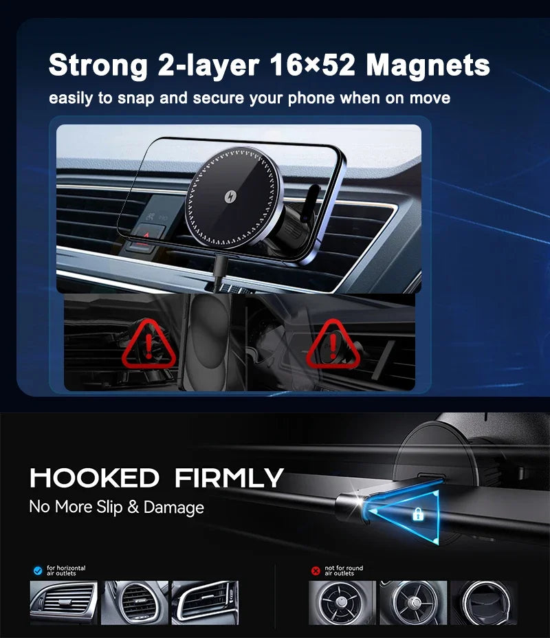 UYUXIO Magnetic Wireless Car Phone Charger Adapter 15W Air Vent Magnetic Car Phone Holder for iPhone 16 15 14 13 12 Pro Max Plus
