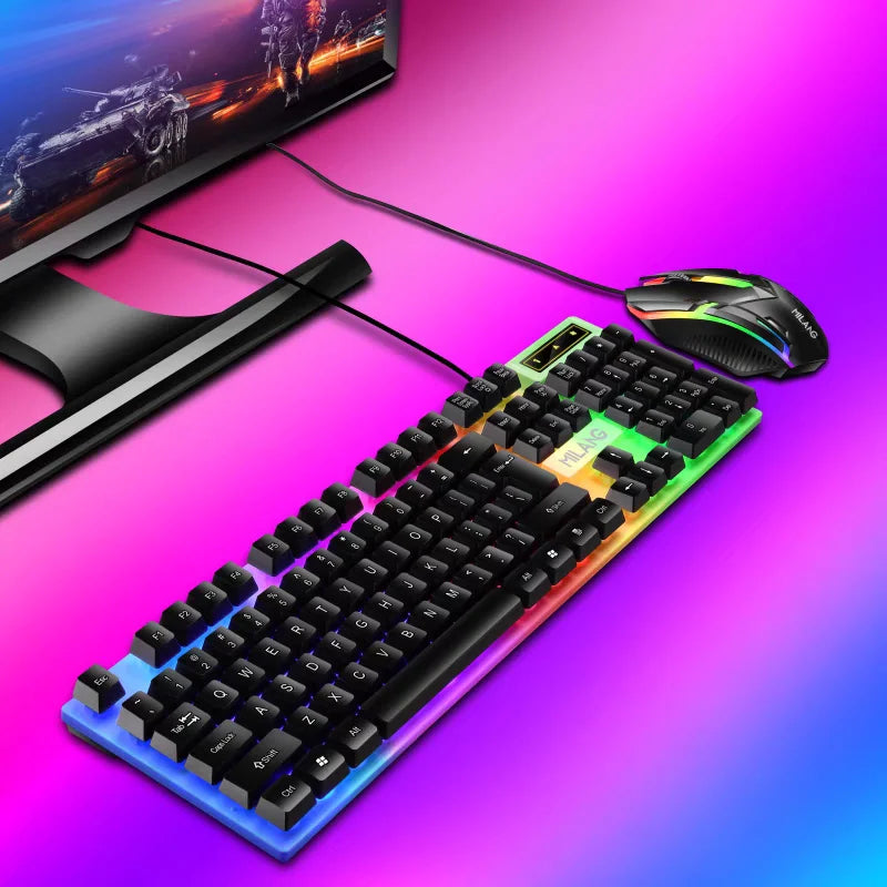 Full Sized Wired Gaming Keyboard and Wired Mouse Combination, with Rainbow LED, Wired USB Connection, Silent Keyboard, Ergonomic Wrist Support, Highly Sensitive Mouse, Suitable for Gamers, Students, and Office Professionals,