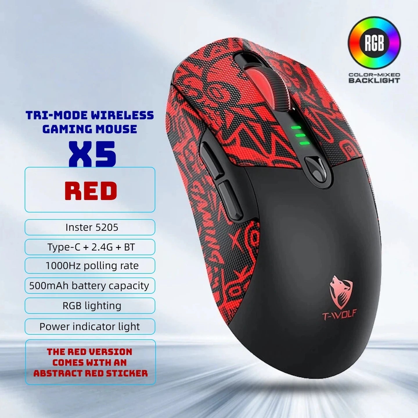 Tri-mode Wireless Gaming Mouse RGB 1000Hz Rechargeable Ergonomic Bluetooth Mouse with Battery Display for PC Mac