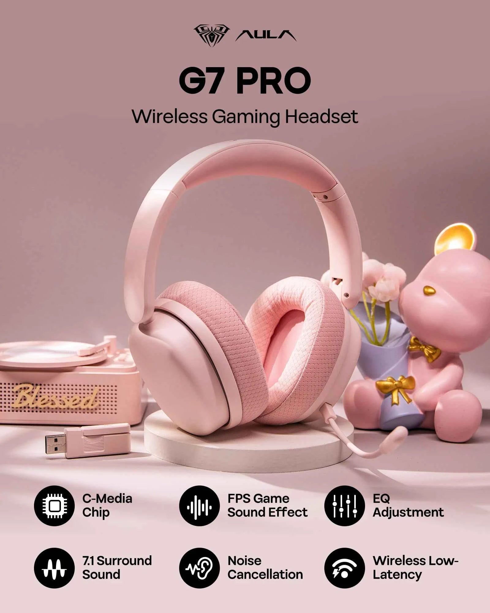AULA G7 Pro Wired/Bluetooth/2.4GHz Wireless Gaming Headphone Noise-Canceling Microphone with RGB Light for PS4/PS5/PC/Switch