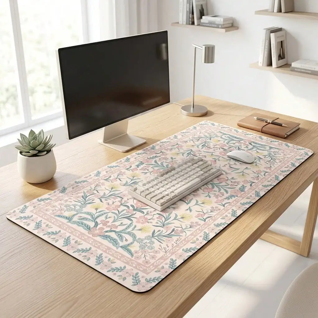 Pink Floral Pattern Desk Mat, Non-Slip Rubber Base, Can Be Used As Mouse Pad, Desk Protector, Study Mat, Keyboard Pad, Multiple Sizes Available, Ideal Gift For