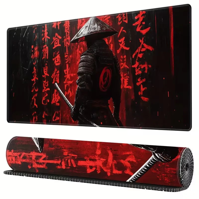 Japanese Samurai Art Mouse Pad, Traditional Calligraphy Pattern Non Slip Desk Mat Game Lovers Office Home Keyboard Desktop Decor