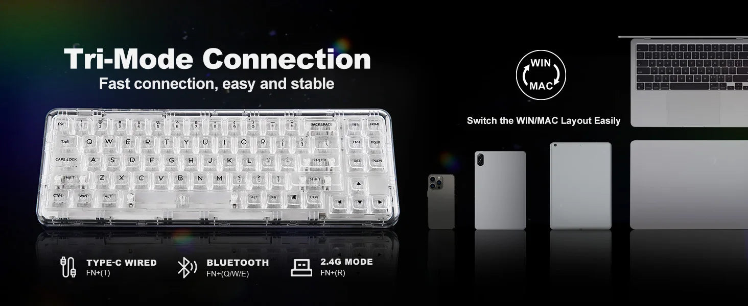 YUNZII X71 68% Layout Wireless BT/2.4G/USB-C Gasket Hot-Swap Transparent RGB Mechanical Gaming Keyboard with Clear Keycaps