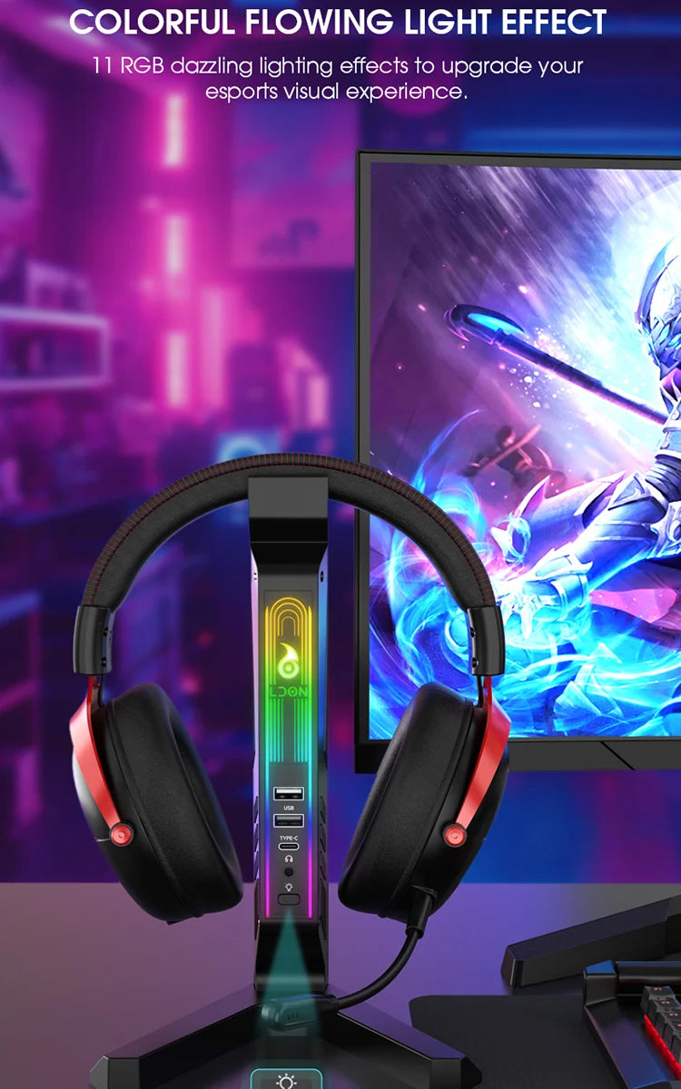 RGB Gaming Headset Stand with Sound-Activated Lights, 11 Modes LED USB Charging Dock, Headphone Holder for PC Gamer