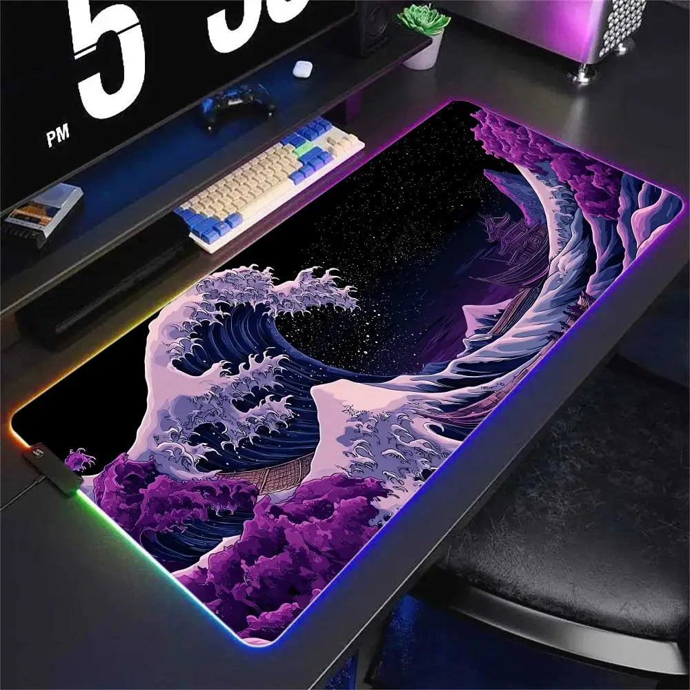 Japan Style Wave Mouse Pad RGB Lighted Mousepad Mechanical Keyboard Pads Office Computer Accessories LED Non-slip Game Table Mat - WinSupport Tech
