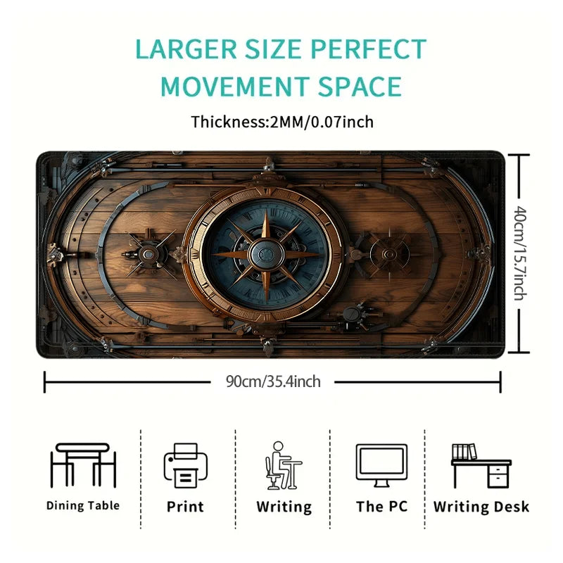 XXL Vintage Steampunk Compass Design Mouse Pad Large Gaming Office Desk Mat Non-Slip Stitched Edges for Gamers and Home Office
