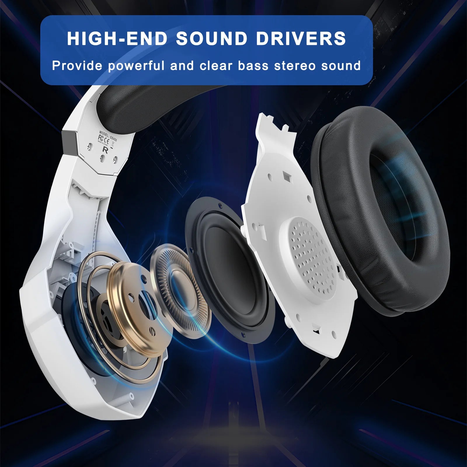GS450 Head Mounted Esports Earphones, 50mm jack adjustable headband to adapt to different head circumferences, noise cancelling microphone for virtual surround sound, compatible with PC/PS5/Switch/mobile phone for esports, li