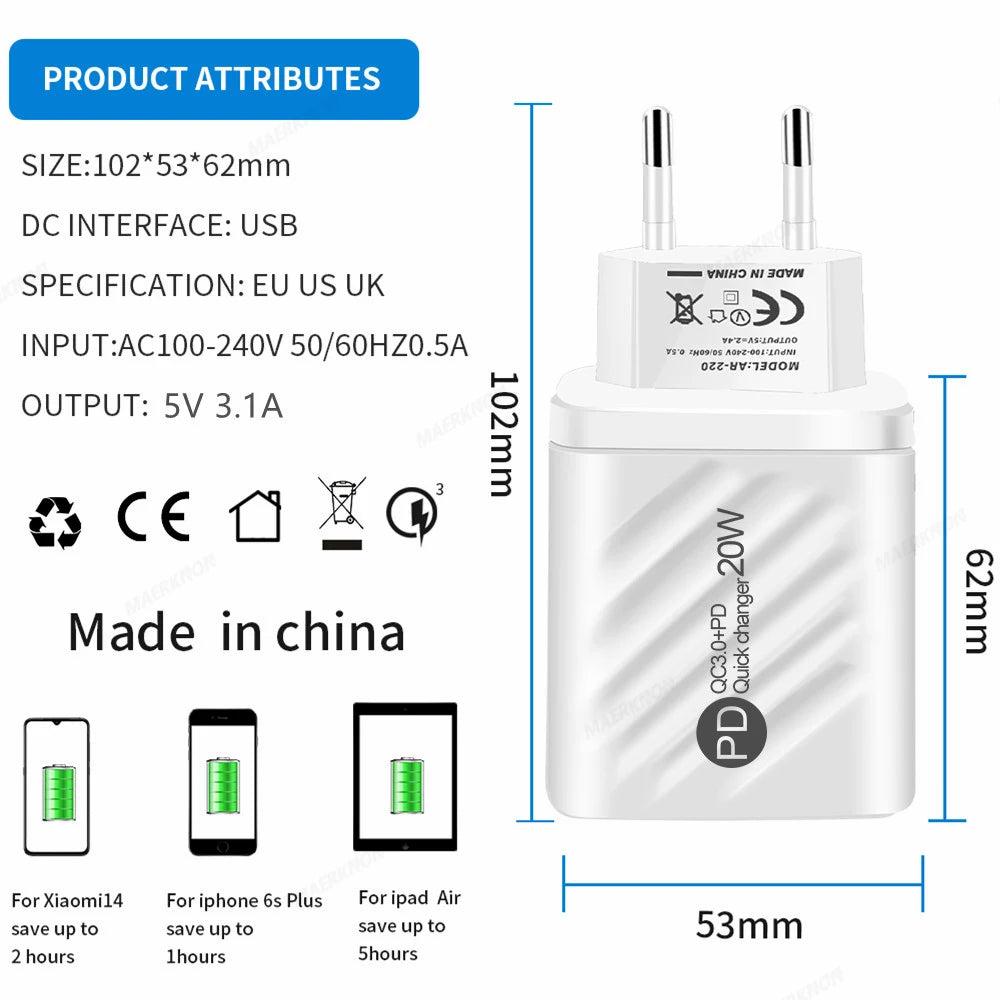 USB PD Charger 20W Fast Charging Type C Digital Display Phone Charge Adapter For iPhone Samsung Xiaomi Huawei USB C Wall Charger