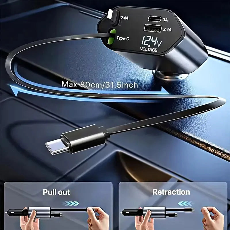 120W 4 in 1 Car Charger Retractable Car Cigarette Lighter Adapter USB Type C Fast Charger Cable For IPhone Xiaomi Huawei Samsung
