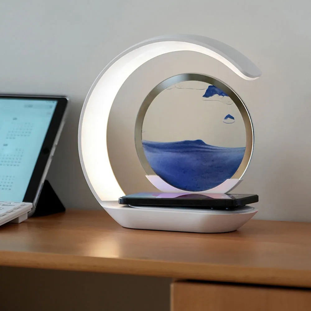 Quicksand Table Lamp Wireless Charging Desk Lamp 3D Hourglass Ornaments Sand Painting Night Light for Office Room Decoration