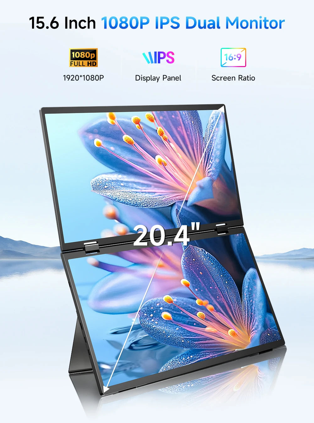 EVICIV Stacked Portable Monitor 15.6 Inch Dual Foldable Travel Display 1080P 100% sRGB USB-C HDMI Triple Laptop Screen Extender