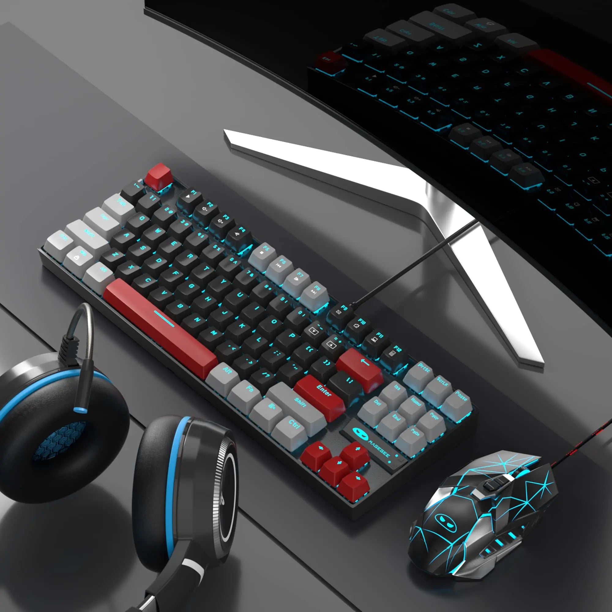 MageGee 75% Mechanical Gaming Keyboard with Blue/Red Switch, LED Blue Backlit 87 Keys Compact TKL Wired Keyboard for Windows PC