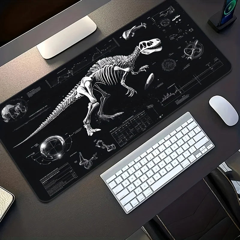 XXL Dinosaur Skeleton Gaming Desk Mat - Black and White Tech Style Extended Pad, Non-Slip Rubber PC Mat
