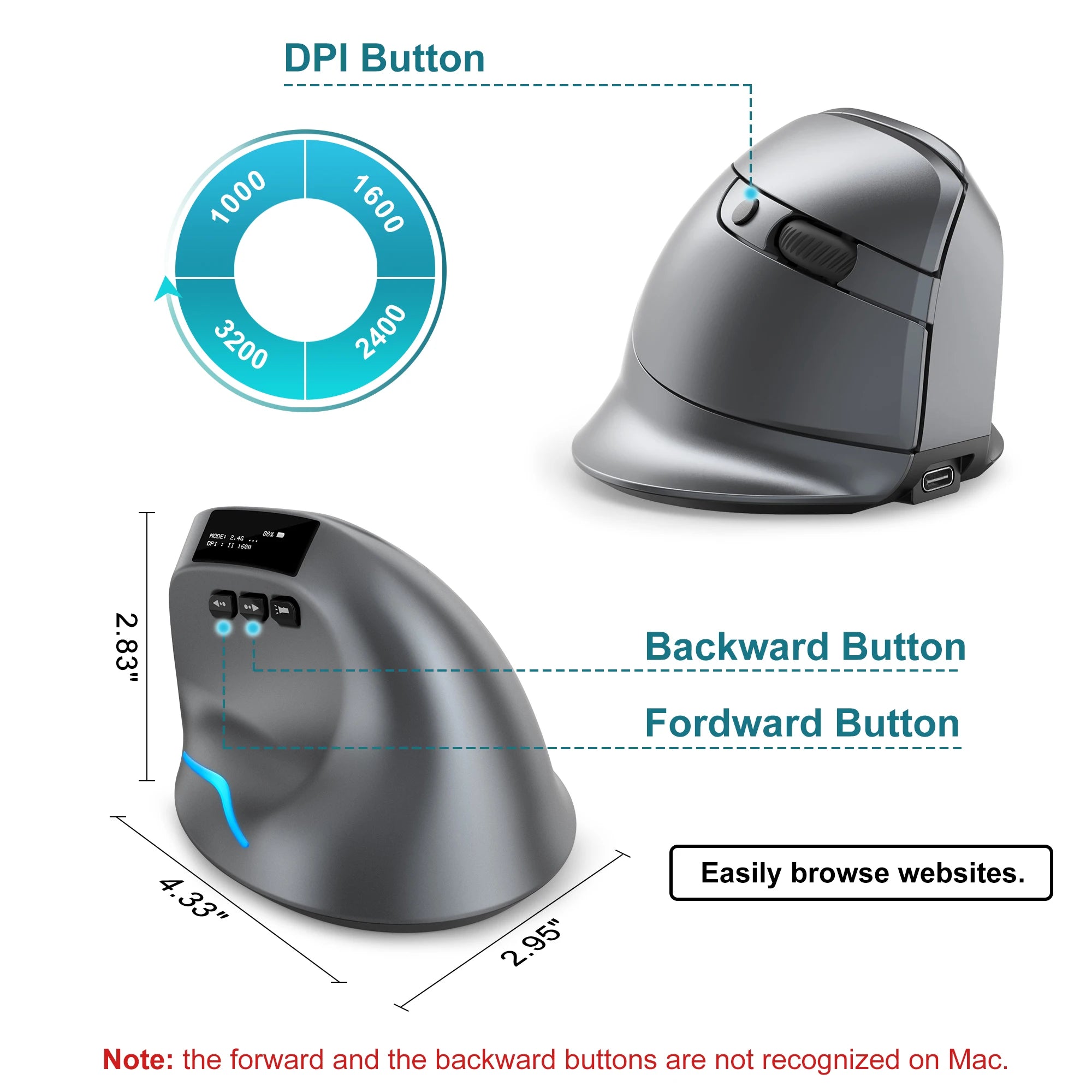Lefon F26C Vertical Wireless Mouse, Ergonomic Bluetooth Optical Gaming Mouse with OLED Display, Rechargeable for PC Laptop
