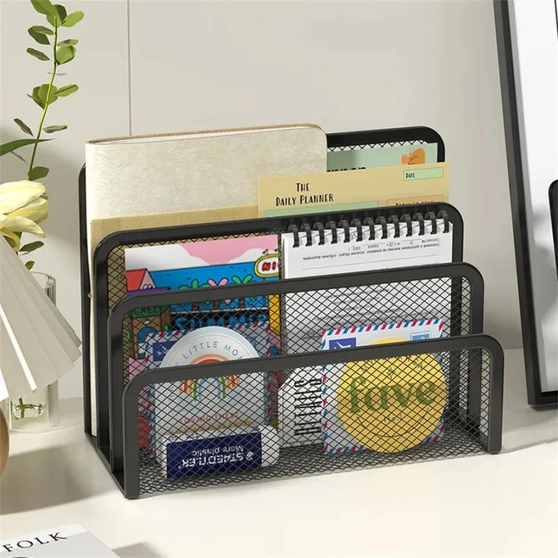 3-Layer Black Metal Mesh Notebook Stand Rack Desk Organizer for Papers Magazines Documents Books - Office Supplies