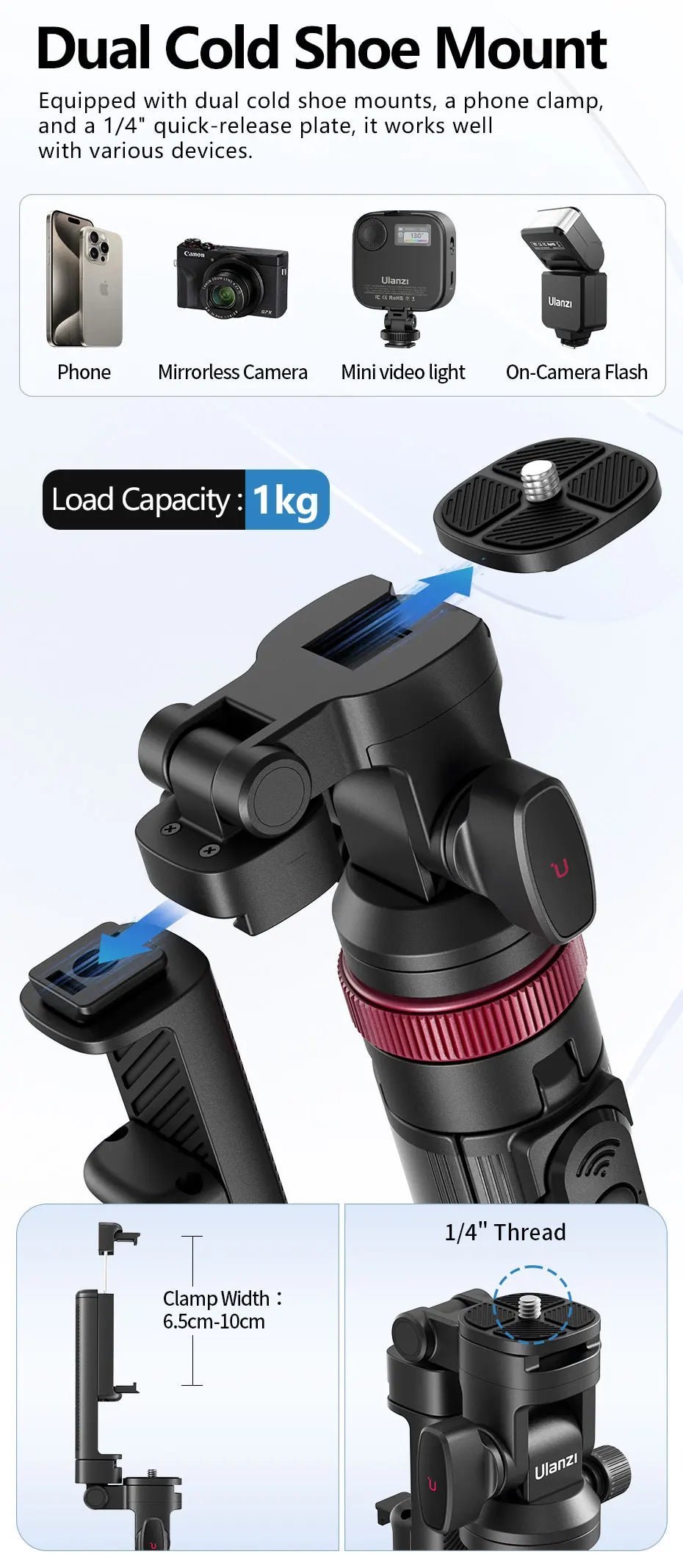 Ulanzi MT-78 1.85M Quick Release Tripod with Remote Phone Holder Cold Shoe Mount 1/4'' for Phone Camera Video Light Flash Mic