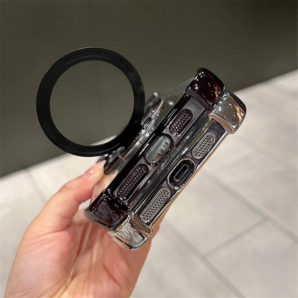 Luxury Plating Shockproof Magnetic Bracket For Magsafe Clear Case For iPhone 17 15 16 14 13 12 11Pro Max With Holder Stand Cover