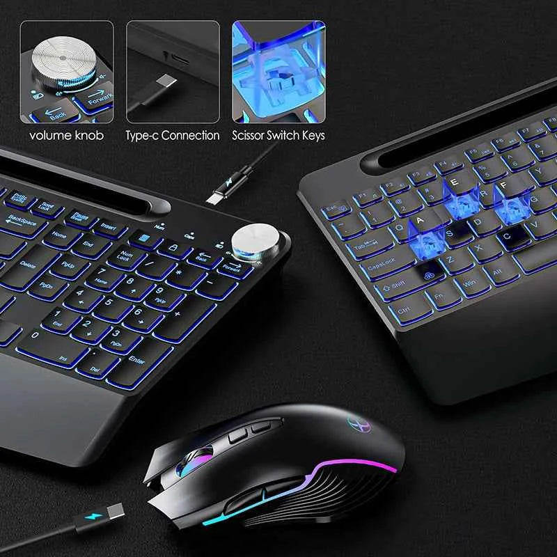Ergonomic 2.4G Wireless Rechargeable Keyboard Mouse Set for Laptop With Color Backlit Phone Holder Wrist Rest and Jiggler Mouse
