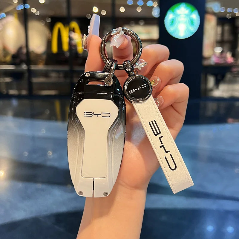 Zinc Alloy New Leather Car Key Case Cover Shell Fob For BYD Song Plus Atto 3 Han EV DM Qin Seal Dolphin Protective Auto Keychain