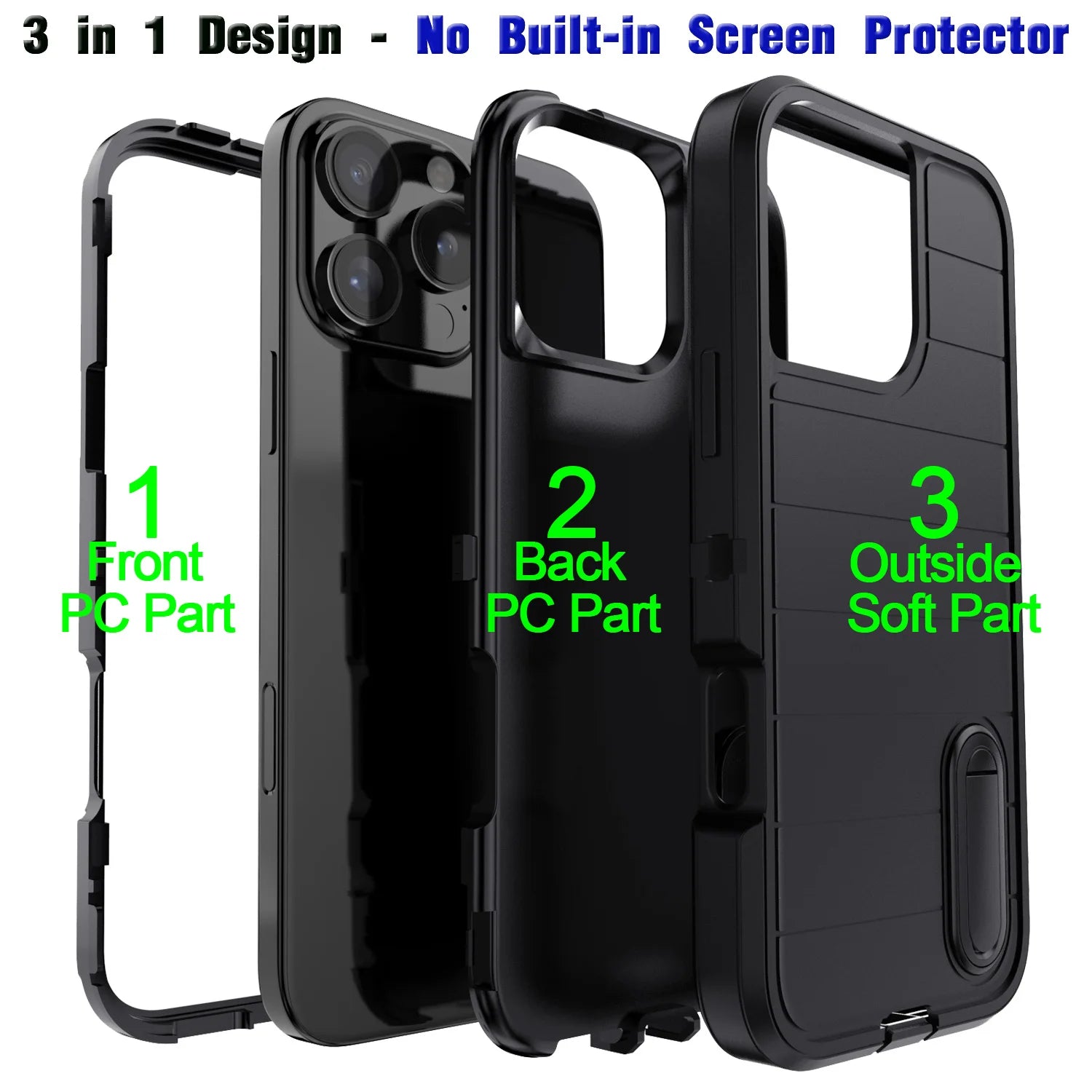 For iPhone 11 12 13 14 15 16 Plus Pro Max Case Heavy Duty Shockproof Hybrid Rugged Kickstand Cover Black
