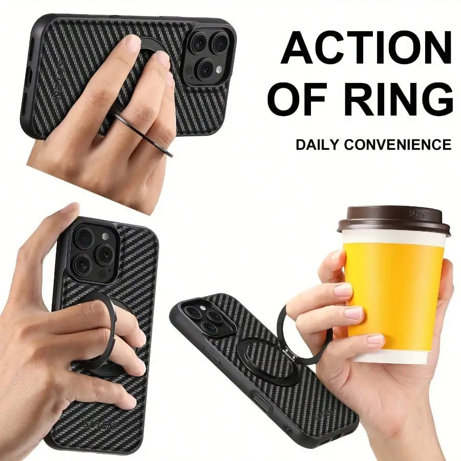Carbon Fiber 360° Rotating Magnetic Phone Case Compatible with iPhone 17, Air, 16, 15, 14, 13 Pro Max, and Plus models