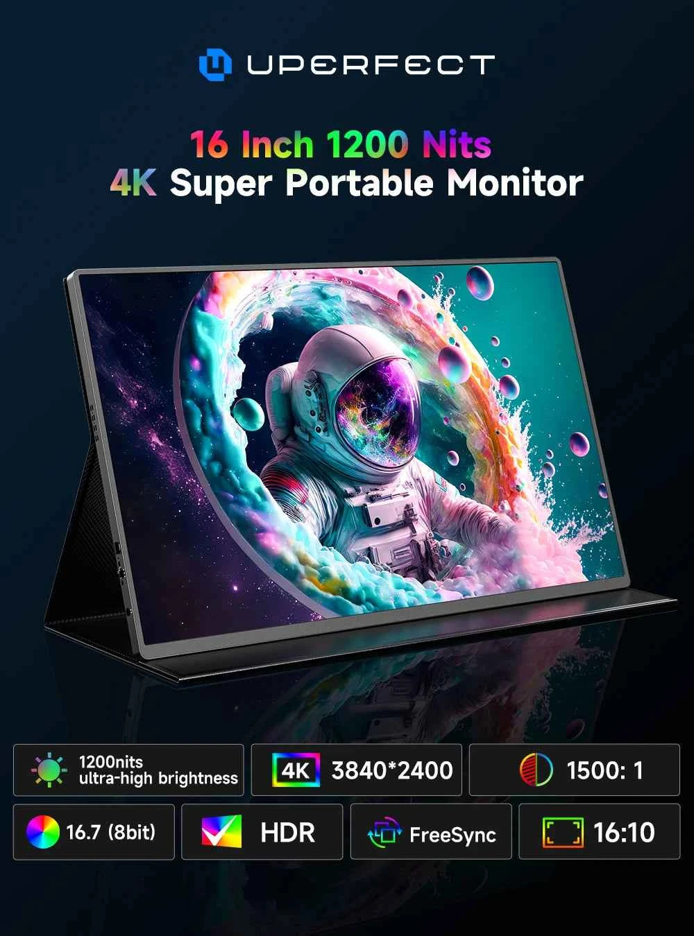 UPERFECT True 4K Portable Monitor 16inch UHD 3840×2160 100% sRGB USB-C 3.1 HDMI External Second Screen Computer Display w/ VESA