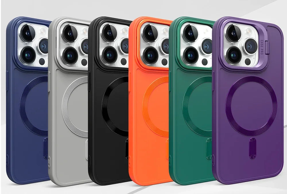 Stand Case for iPhone 16 15 14 13 12 11 Pro Max Cover Magnetic for Magsafe Wireless Charge Shell Camera Holder Soft Matte Fundas