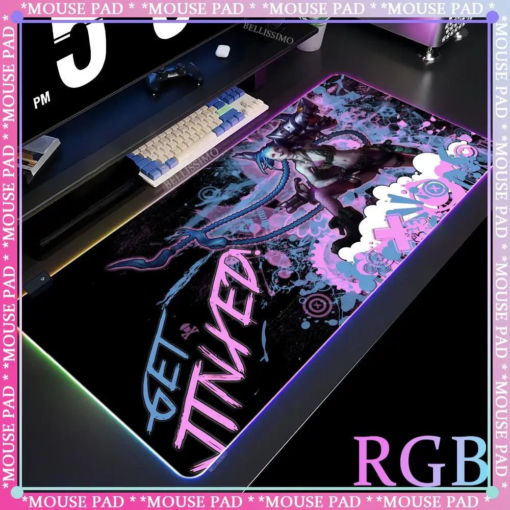 RGB League of Legends MousePad Gamer Jinx Anime Girl LED Game Accessories Keyboard Pad Large Desk mats Rubber Luminous Mouse Pad