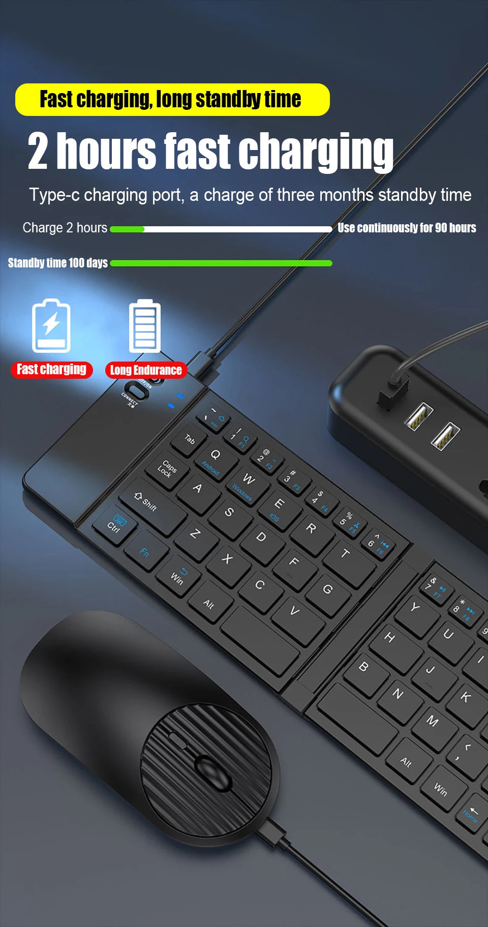 HKYC Mini two fold the third mock examination Bluetooth 2.4G keyboard and mouse set type-c charging tablet