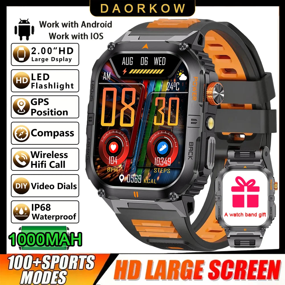 New 1000mAh military outdoor smartwatch for men, LED flashlight, IP68 waterproof, GPS sports, 2.01-inch Bluetooth call smartwatc