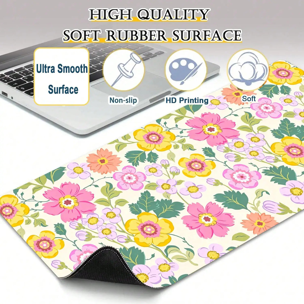 Large Mouse Pad, Wildflowers Floral Desk Mat Computer Keyboard Pad Non-Slip Rubber Base With Stitched Edges For Laptop Gaming, Office & Home